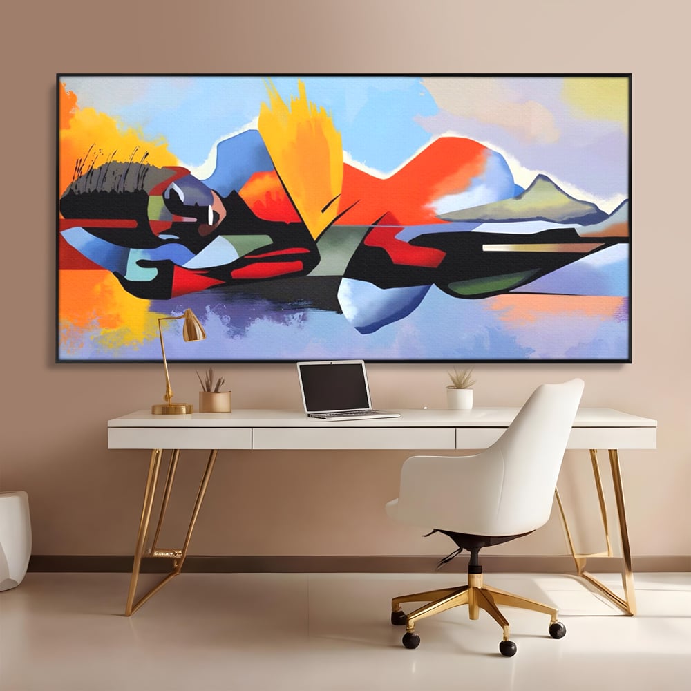 Tablou canvas cu tablou canvas cu silueta abstracta, in rama de aluminiu negru, pe perete intr-un birou